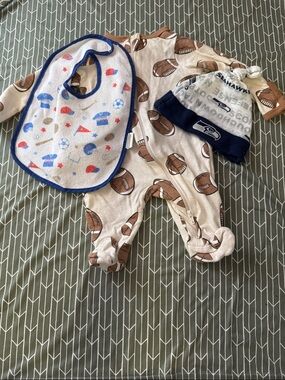 wonder nation Beige Football Print Footie with Seattle Sea Hawks Hat & Bib